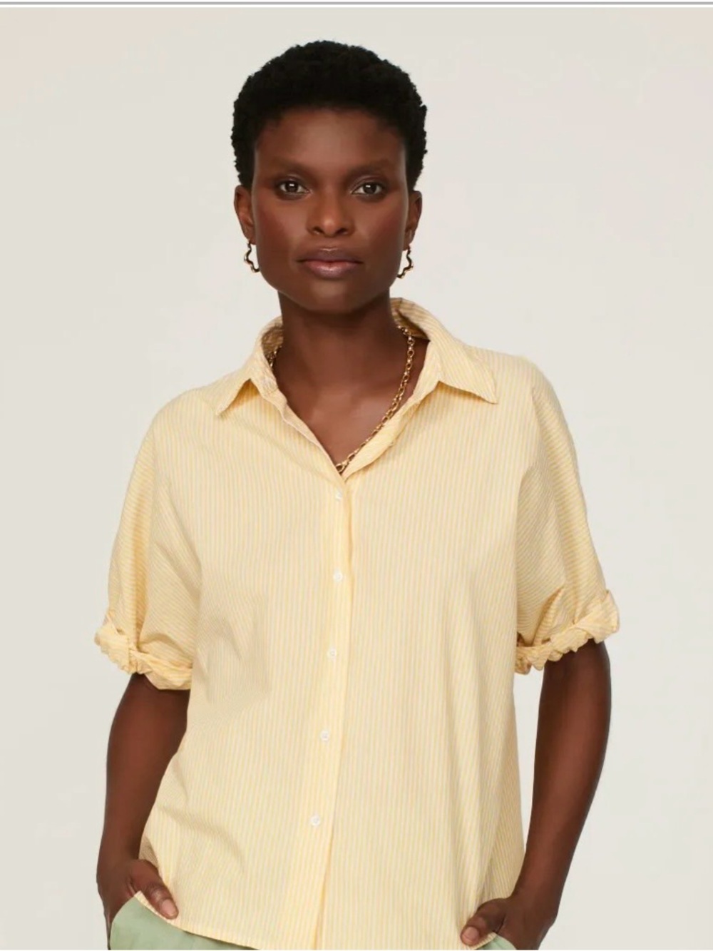 XiRENA Yellow Stripe Button-Up Short sleeve blouse